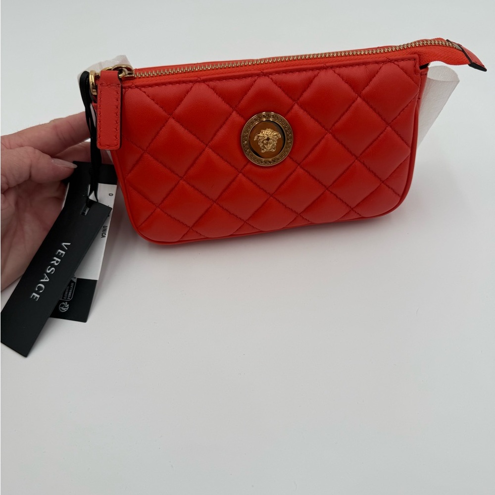 Versace Orange Quilted Hand Bag with Gold Medallion
